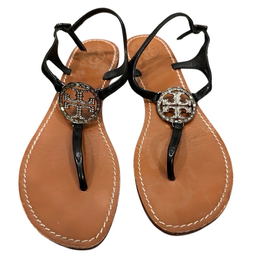 Tory Burch Crystal Logo Black Sandals - Sz 8.5